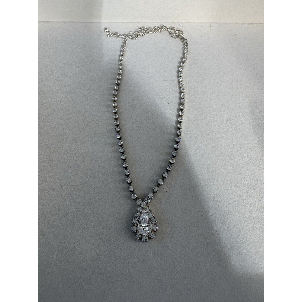 Sparkling Rhinestone Necklace Pear Drop Pendant Clear Crystal Silver Tone 15”